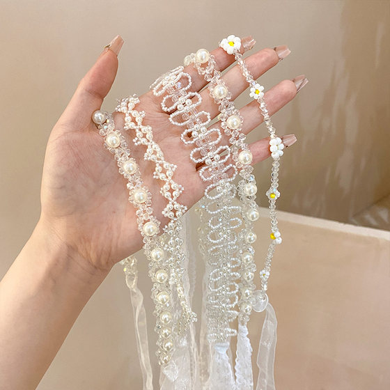 婴儿蝴蝶结发带儿童水晶珍珠飘带女童2024年新款网红网纱宝宝发饰