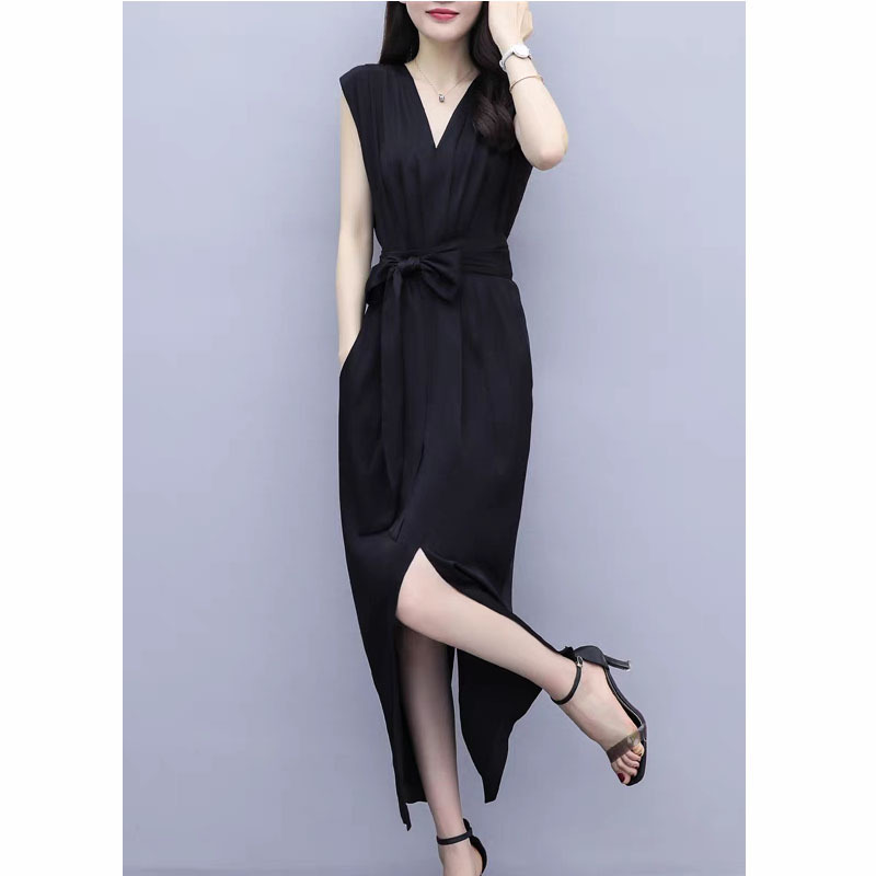 Dress 2026 New Summer Black Elegant Plus Size Tie-Up Socialite V-Neck Mid-Length Waist-Cinching Slit Dress