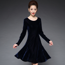 2022 spring new womens dress round neckline with big swing increase code middle-aged gold velvet dress Mommy dress with long sleeves
