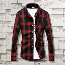 Spring long-sleeved shirt mens Korean slim-fit teen plaid shirt Trendy mens clothing inch shirt base shirt Jacket men
