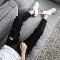 Summer stretch black jeans mens Korean slim-fit teen nine-point pants trendy mens casual pants