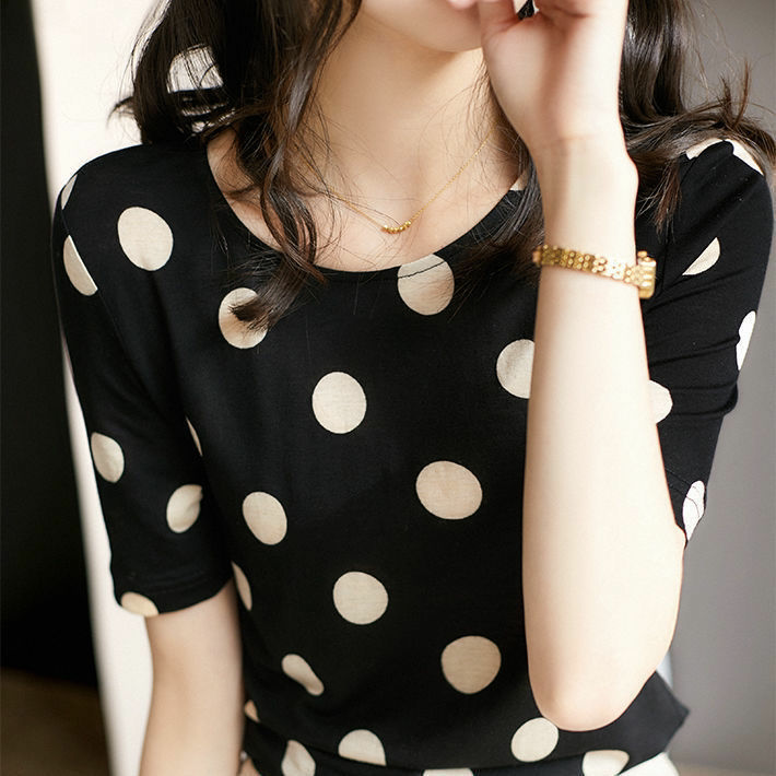 Korean Style Loose Summer Women's Clothing Small Polka Dot Round Neck Short-Sleeved T-Shirt Polka Dot Casual Versatile Elegant Black Top Trendy