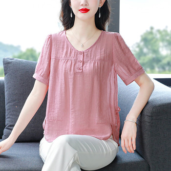 ເສື້ອຝ້າຍແລະ linen ຂອງແມ່ຍິງ summer, tops ຕະຫຼອດຄໍແສງສະຫວ່າງ