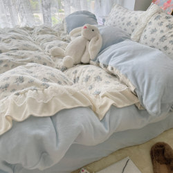 Fresh and Simple Milk Velvet Bed Skirt Four-Piece Set for Autumn and Winter, Thickened Lace Duvet Cover, Bed Sheet, Coral Velvet Three-Piece Bedding Set