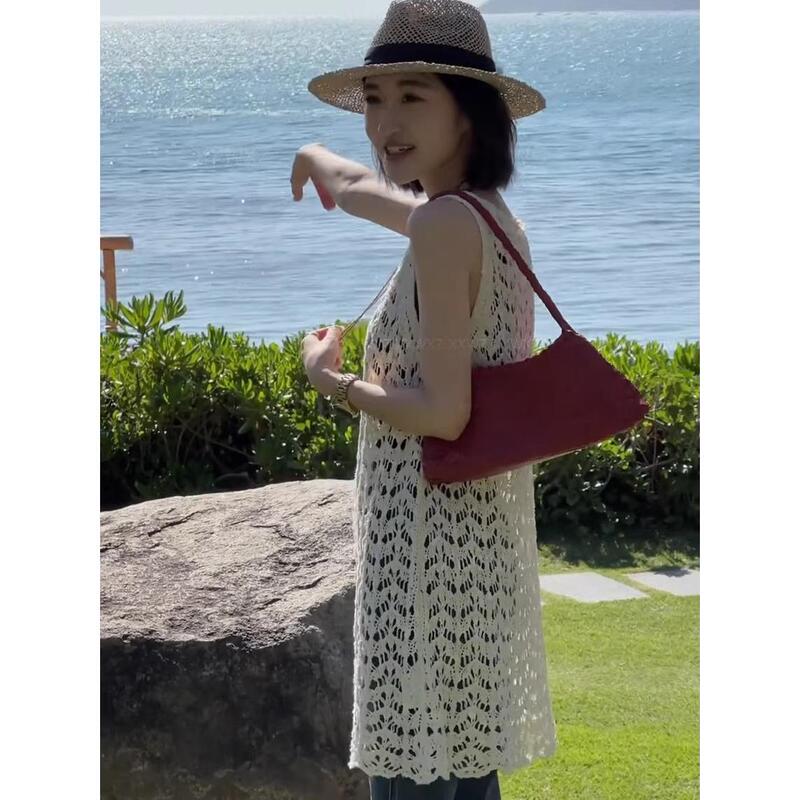 Mid-Length Bohemian White Mesh Hollow-Out Knitted Tank Dress for Women, Summer Outerwear, Fishnet Sleeveless Lace Cover-Up