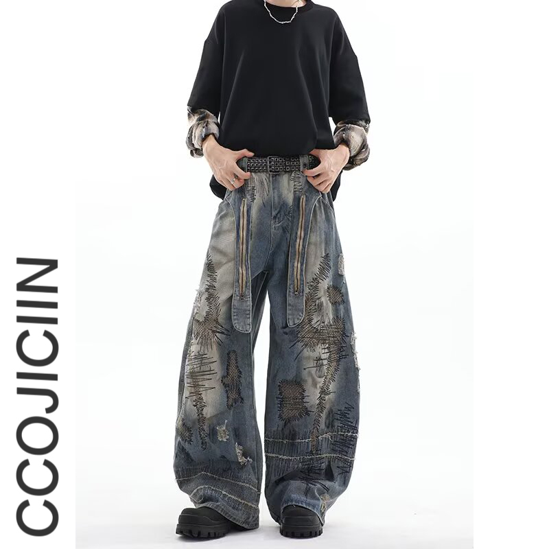 Heavy-Duty Needlework Patchwork Silhouette Scimitar Jeans for Men, American Style, Spring, Street Style, Washed and Distressed, Wide-Leg Hip-Hop Pants