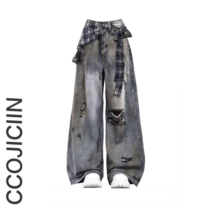 American Style ins Versatile Black and Gray Trendy Ripped Plaid Denim Pants for Men, New Summer Model, Scimitar Long Pants American Style ins Versatile Black and Gray Trendy Ripped Plaid Denim Pants for Men, New Summer Model, Scimitar Long Pants