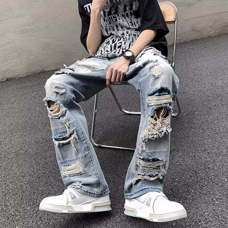 European and American Street Fashion Brand Pants, Washed Ripped Flared Jeans for Men, Hip-Hop American High Street Distressed Pants for Summer