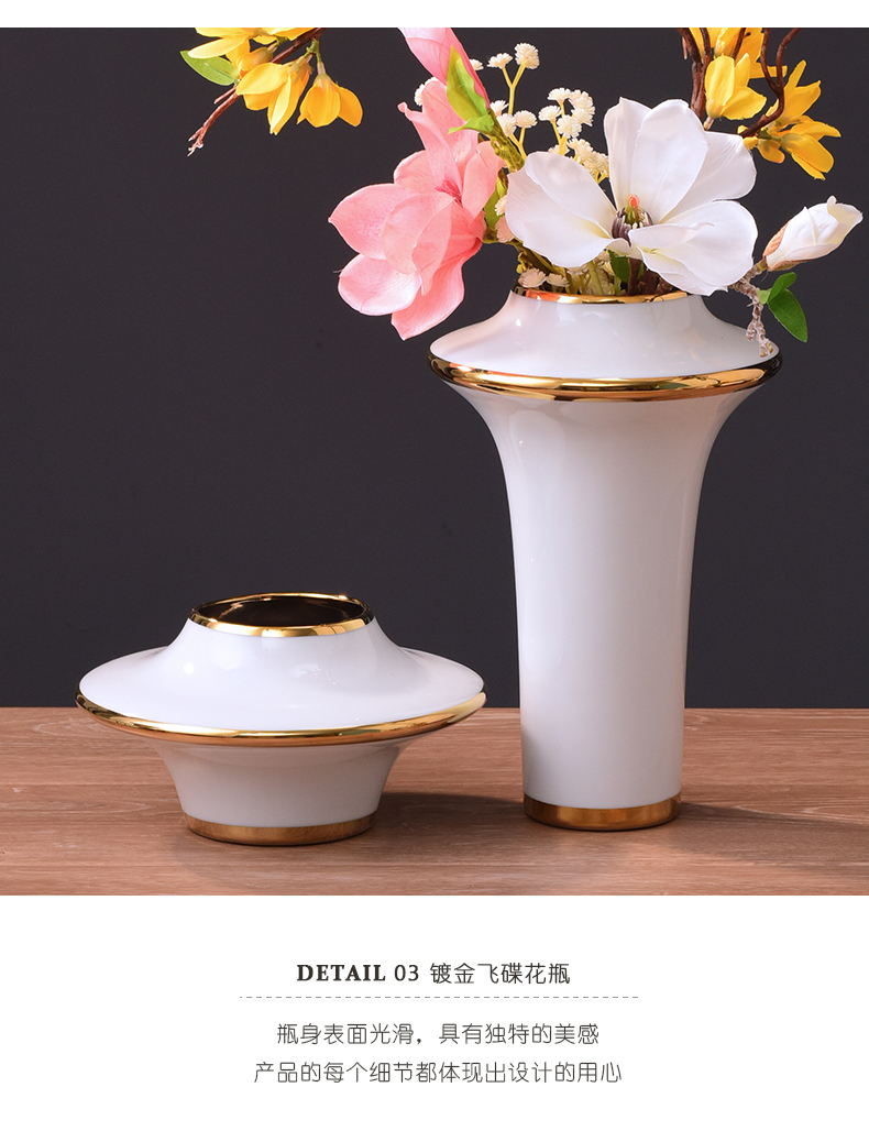 Jingdezhen gold - plated flying saucer ceramic vases, dried flowers, flower arrangement of new Chinese style household decorative furnishing articles of I and contracted