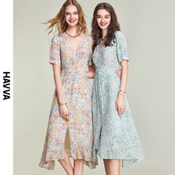 HAVVA2024 summer new floral dress feminine v-neck high waist French chiffon skirt Q2048