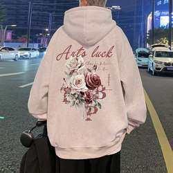 Heavy weight Hooded Sweatshirt Men's Spring and Autumn New arrival American Couple Rose Print Loose Casual Hoodie Men's Outwear