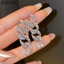 S925 silver needle South Korean long style Inlaid Drilling Chain Earrings Tide Cool and Nightclub Shiny Cuban Chain Ear Nails