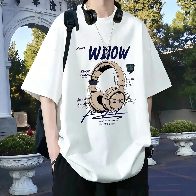 American-Style Heavyweight Pure Cotton Short-Sleeved T-Shirt for Men, Summer Loose Fit, Printed Hong Kong Style, Trendy Half-Sleeve Top for Teenagers and Students