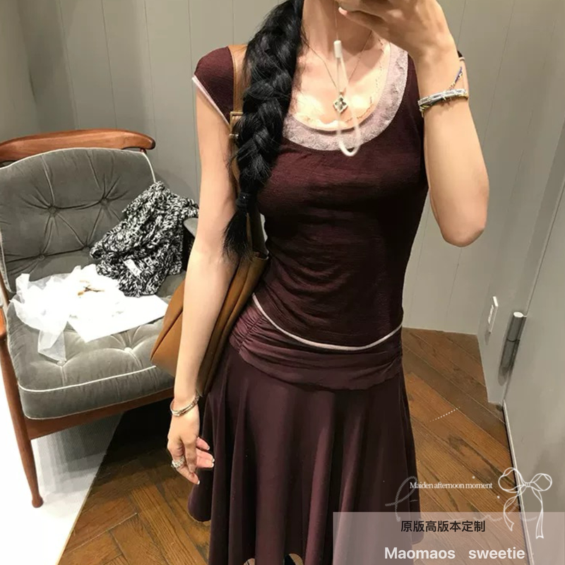 Maos Sweetie Ouyang Nana's Same Style Twilight Pomegranate Lace Short-Sleeve Lace Patchwork T-Shirt Niche Top