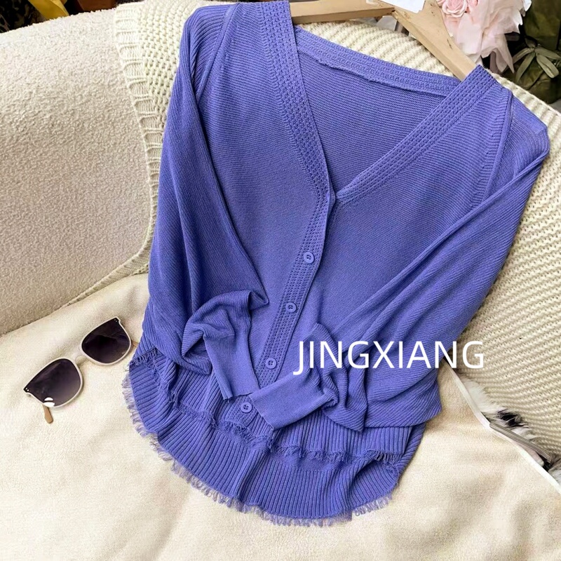 Aoser Relaxed V-Neck Tassel Knitted Cardigan Women's Purple Button Sweater Jacket Knitted 629