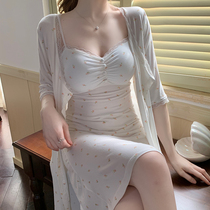 Nightgown for women summer sexy modal cotton suspenders with breast pads pure lust high-end nightgown two-piece set pajamas