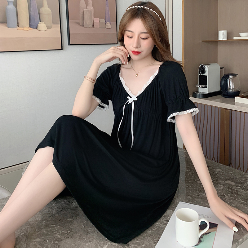 Sleeping Dress Woman Summer Mordale Short Sleeve Pyjamas Pure Cotton Sexy Lace Black Net Red Senior Sensation Home Clothing Thin-Taobao