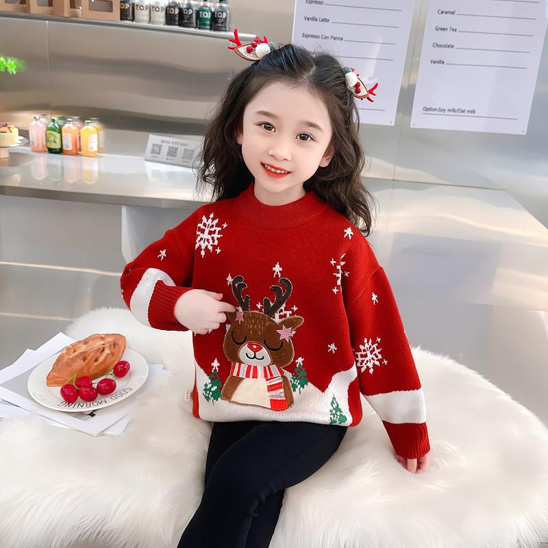 Little Girl's Autumn and Winter Christmas Deer Red Pullover Sweater 2025 Winter New Style Sweet and Stylish Knitted Sweater for Baby Girls Little Girl's Autumn and Winter Christmas Deer Red Pullover Sweater 2025 Winter New Style Sweet and Stylish Knitted Sweater for Baby Girls