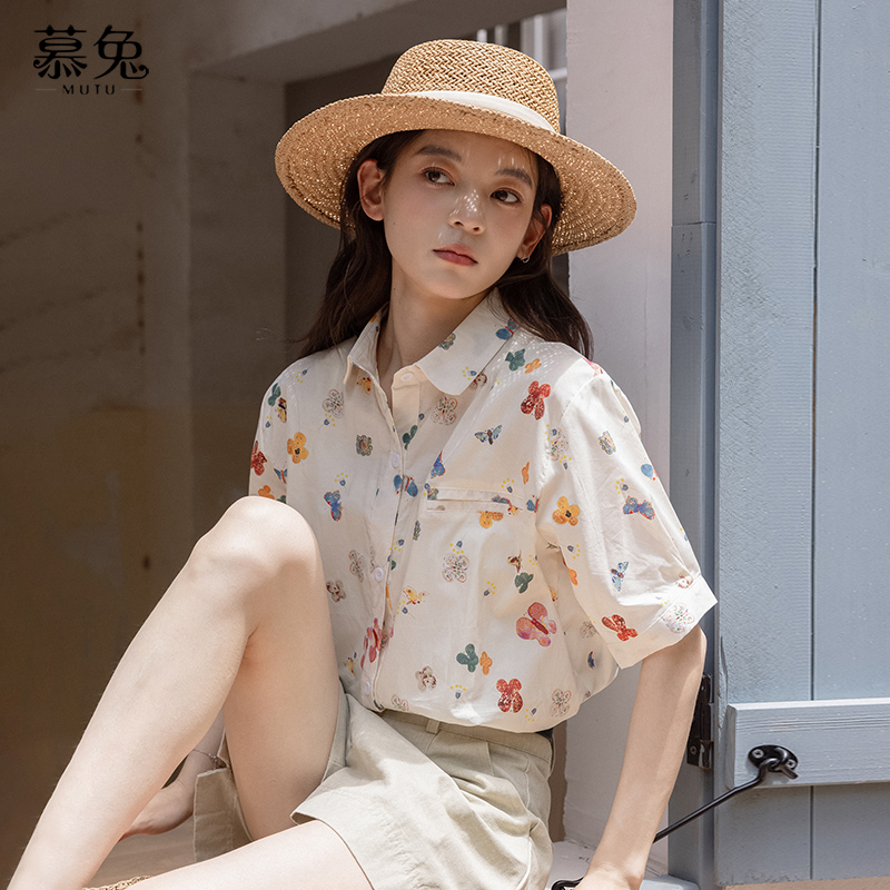 慕兔复古碎花短袖衬衫女2025夏季新款设计感小众宽松显瘦休闲上衣