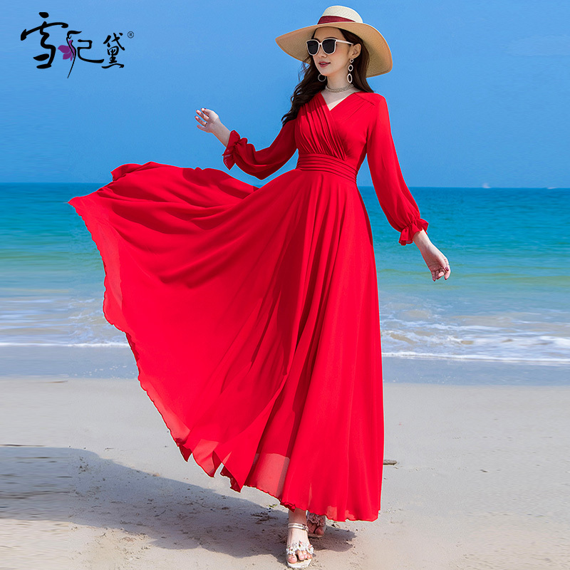 Summer Red Chiffon Long-Sleeved Dress for Women, Long to the Ankle, 2026 New Fashion Slim-Fitting Maxi Skirt Summer Red Chiffon Long-Sleeved Dress for Women, Long to the Ankle, 2026 New Fashion Slim-Fitting Maxi Skirt