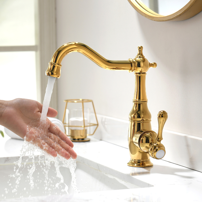 Rotatable French-Style Light Luxury Gold Faucet, Hot and Cold Single-Hole European-Style Brass Bathroom Vanity Basin Faucet Rotatable French-Style Light Luxury Gold Faucet, Hot and Cold Single-Hole European-Style Brass Bathroom Vanity Basin Faucet