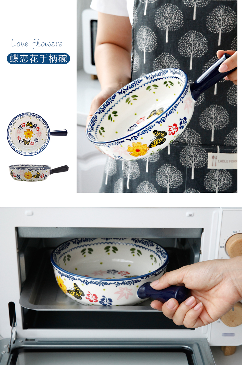 Baking pan, Japanese household ceramic bowl breakfast bowl with the handle special big bowl of oven baked FanPan fruit bowl