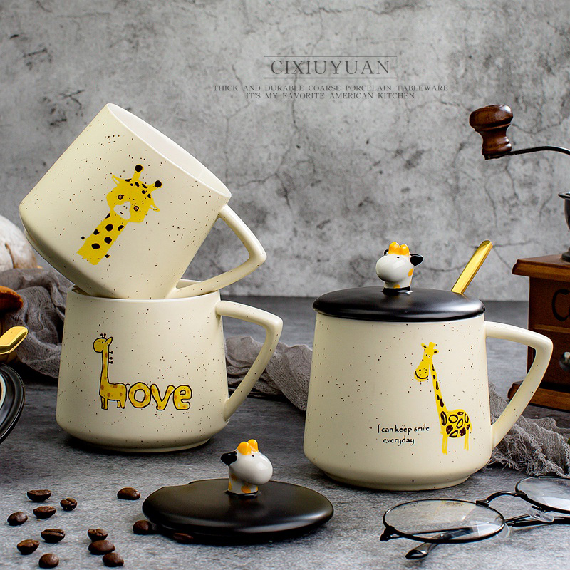 Creative lovely ceramic keller cup with cover spoon breakfast milk cup ultimately responds coffee cup big capacity