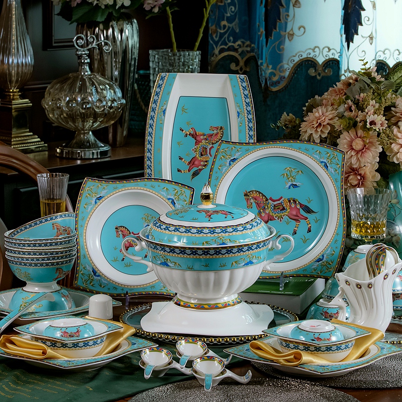 Jingdezhen ceramic tableware suit misty dishes suit Chinese style household jobs plate colored enamel wedding gifts