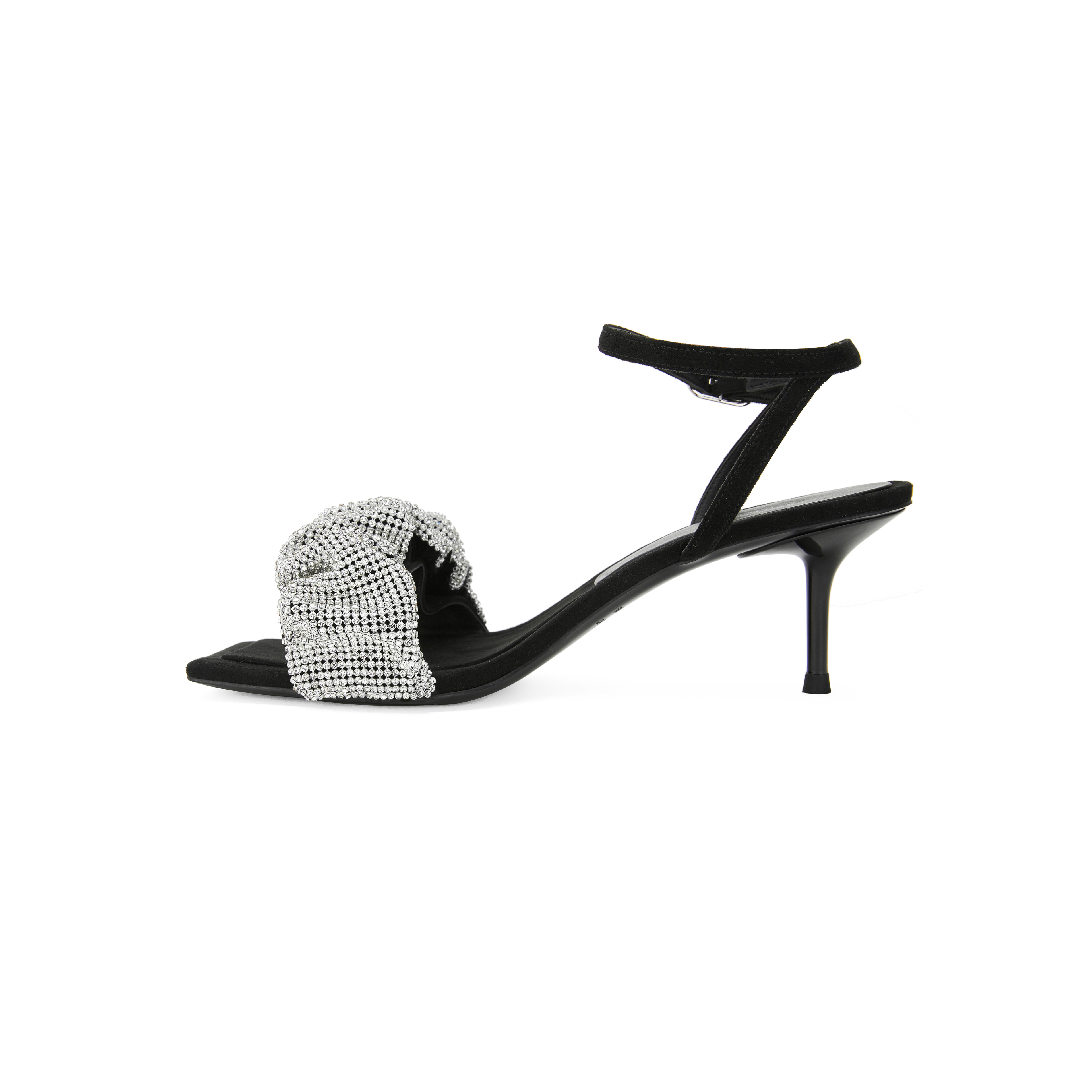 Black Strap Slim Heel (6Cm) & StockGrape mother Studiolee ~ Square head Sandals female summer Fairy wind Word band rhinestone Fine heel king high-heeled shoes