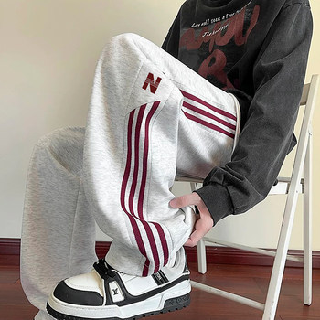 Pants men's autumn and winter 2025 new sports hong kong style wide-legged loose plus velvet casual pants straight striped trousers trendy