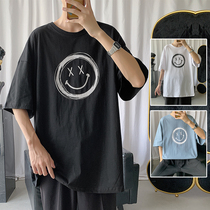Summer new smiley face men short sleeve t-shirt trendy round collar bottom clothes large code Tide Cards Easy half sleeves Compassionate
