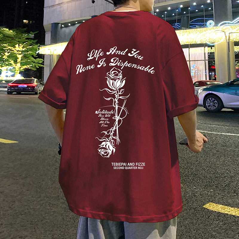 Burgundy Pure Cotton Short-Sleeved T-Shirt for Men in Summer with Rose Print for Couples, American High Street Fashion Brand Loose Half-Sleeved T-Shirt Burgundy Pure Cotton Short-Sleeved T-Shirt for Men in Summer with Rose Print for Couples, American High Street Fashion Brand Loose Half-Sleeved T-Shirt