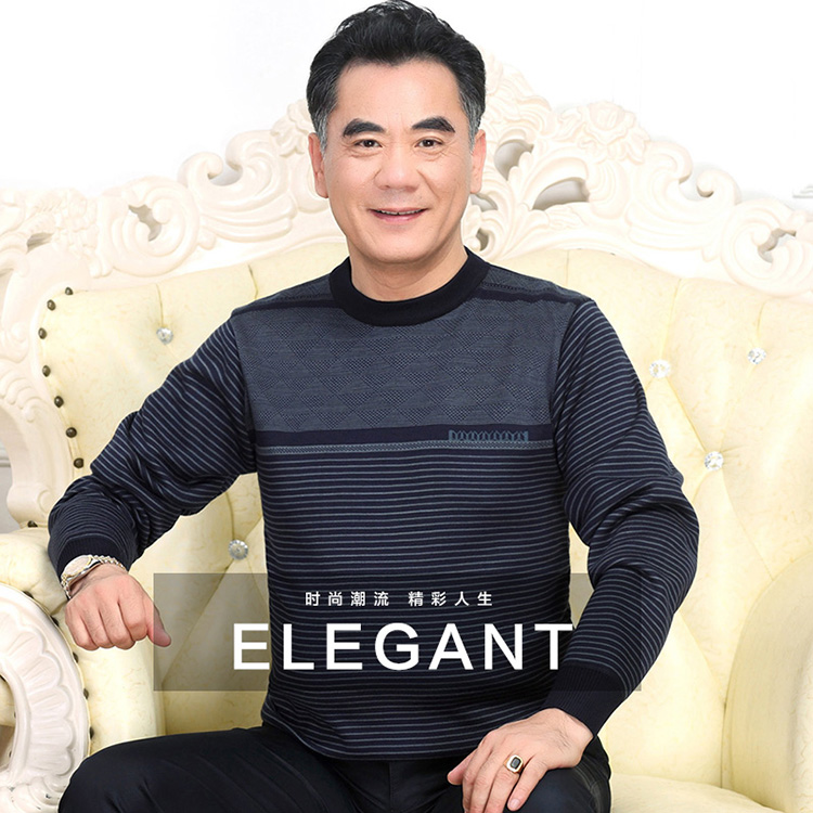 Mùa thu và mùa đông nam trung niên chạm đáy áo sơ mi cộng với nhung dày bố mặc áo thun trung cổ tròn tay dài áo thun rộng áo thun lạnh nam