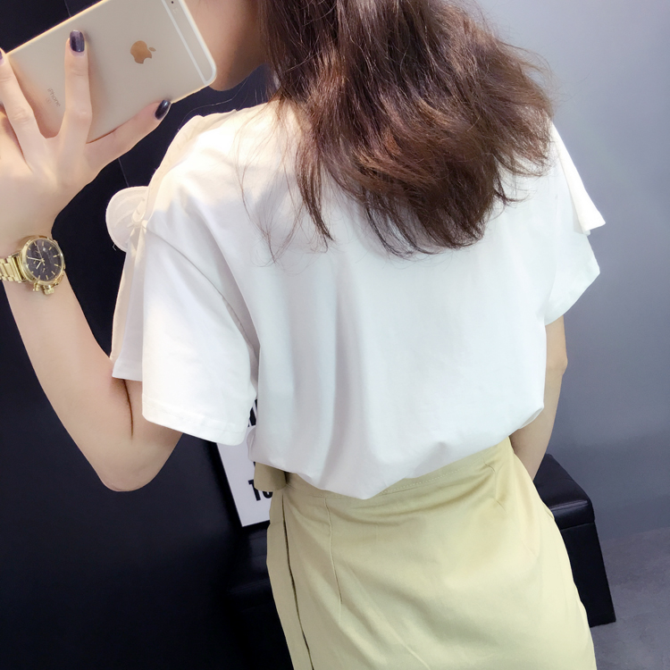 Mùa xuân và mùa hè phiên bản mới của Hàn Quốc của áo thun tay hoa ba chiều lớn bằng tay xù lông ngắn tay áo thun cotton nữ rộng - Áo phông áo thu đông dài tay nữ