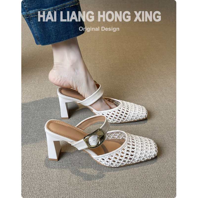 Sheepskin Version ~ French-Style Closed-Toe Sandals for Women, Chunky Heel, New Summer Woven Hollow-Out Sandals, Elegant High Heels Sheepskin Version ~ French-Style Closed-Toe Sandals for Women, Chunky Heel, New Summer Woven Hollow-Out Sandals, Elegant High Heels