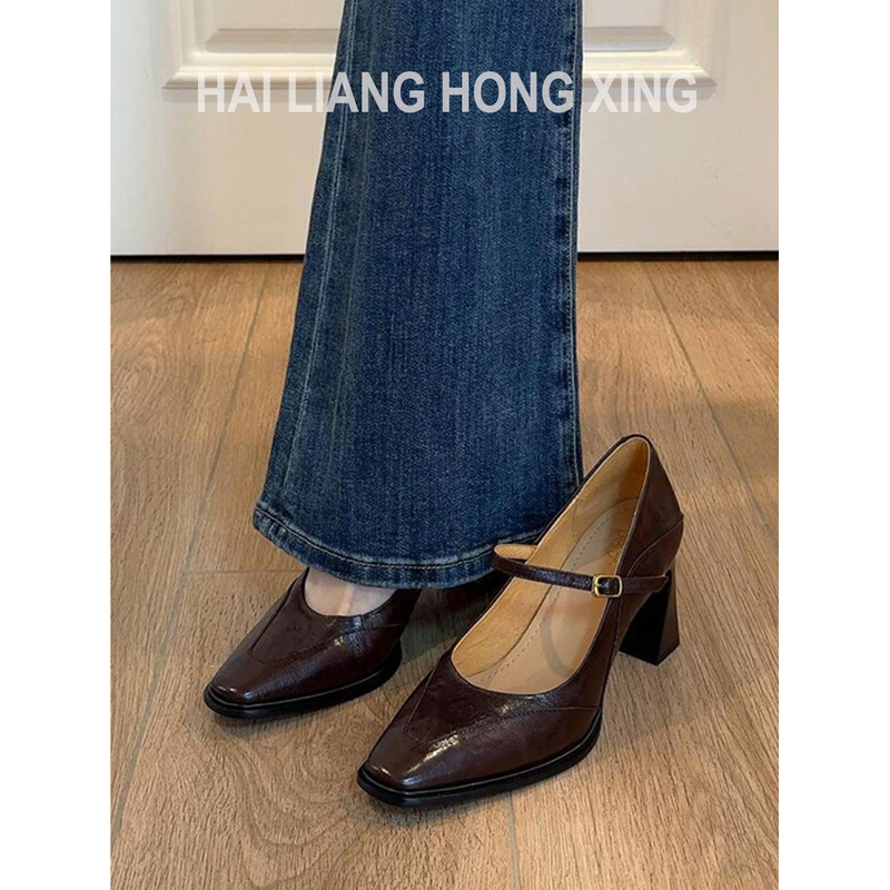 Sheepskin Version ~ French Square-Toe Shallow Single-Strap Shoes for Women, Suitable for Skirts, Elegant High Heels, Versatile Chunky Heel Mary Jane Shoes