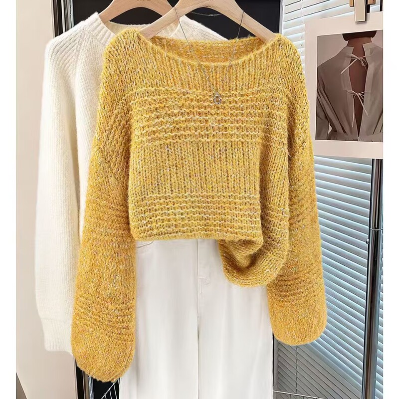 New Sequin Off-Shoulder Long-Sleeve Knit Sweater for Women in Autumn, New Korean Style Hollow-Out Slimming Loose Pullover Sweater for Winter