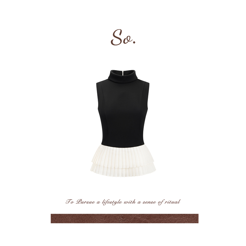So 26Ss French-Style Half-High Collar Sleeveless Knitted Vest with Mesh Splicing, Pleated Hem, Waist-Cinching Slimming Top for Women So 26Ss French-Style Half-High Collar Sleeveless Knitted Vest with Mesh Splicing, Pleated Hem, Waist-Cinching Slimming Top for Women