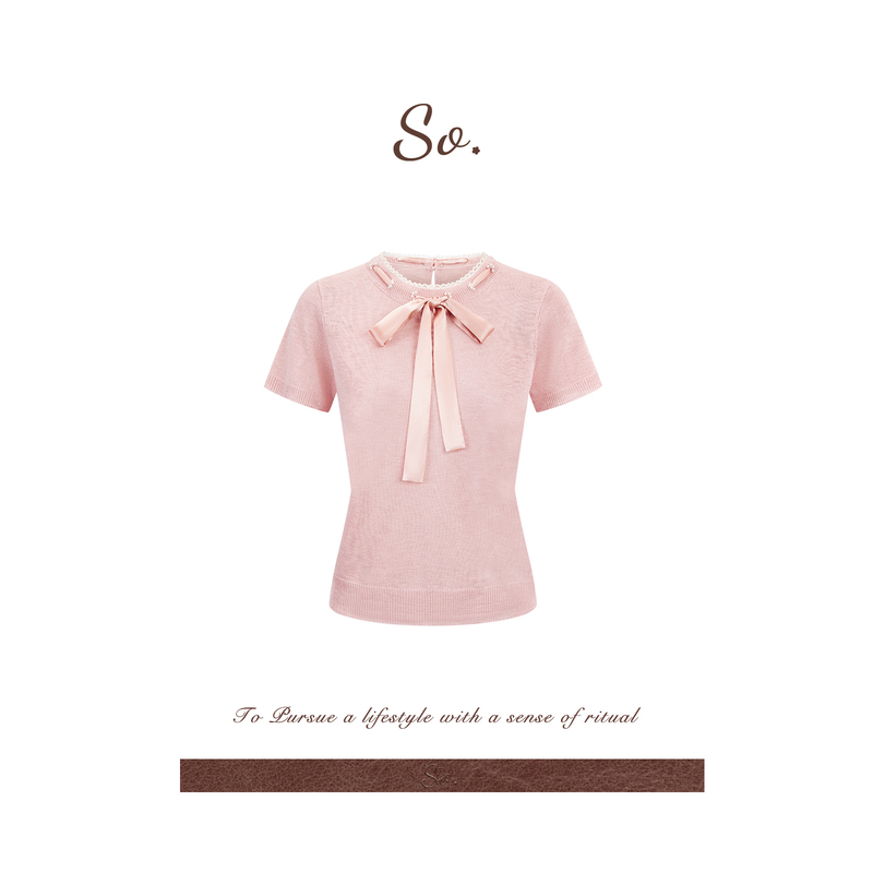 So 26Ss Summer Gentle Retro Ribbon Bow Pullover Knitwear Round Neck Work Clothing Short-Sleeved Top for Women So 26Ss Summer Gentle Retro Ribbon Bow Pullover Knitwear Round Neck Work Clothing Short-Sleeved Top for Women