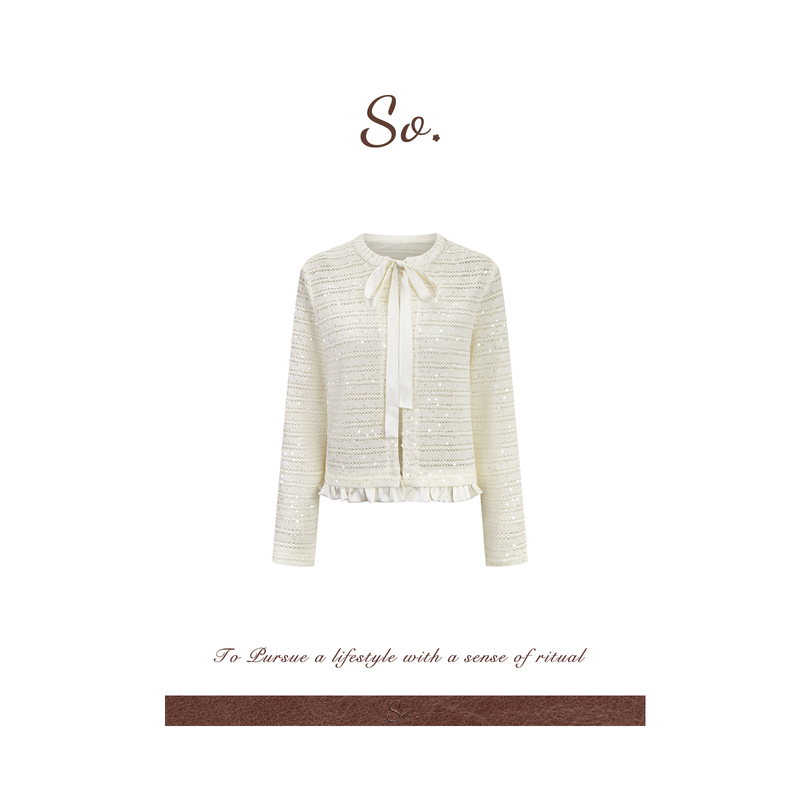 So 26Ss French-Style Round Neck Tie-Bow Chanel-Inspired Knitted Cardigan with Silk Patchwork Hem and Long Sleeves