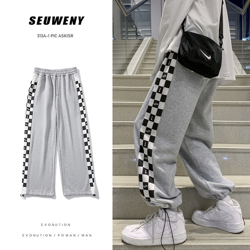 Drawstring legging sweatshirt high street ins tide side side stitching checkerboard plaid pureピュア casual cropped pants