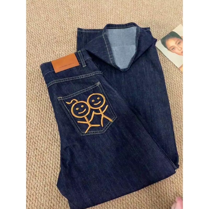 Stickman Cartoon Embroidered Jeans for Women, Autumn Design with Leather Label on the Back Waist, Slimming Loose Wide-Leg Versatile Straight Long Pants Stickman Cartoon Embroidered Jeans for Women, Autumn Design with Leather Label on the Back Waist, Slimming Loose Wide-Leg Versatile Straight Long Pants