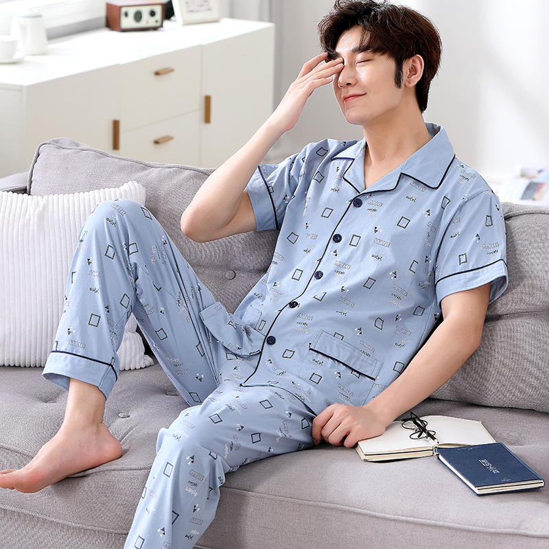 Hàn Quốc phiên bản của pajama mens mùa hè bông ngắn tay quần hai mảnh mùa xuân bộ bông, mùa hè và nam giới mùa thu có thể mặc quần áo về nhà.