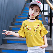 Girls 2021 new summer Cotton off-shoulder t-shirt shirt top children Korean embroidery foreign style half-sleeve T-shirt tide