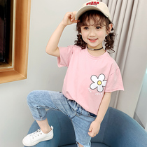 Girls t-shirts children short sleeves 2021 new summer childhood jacket jacket hay - sleeve style sweet tide childrens clothing