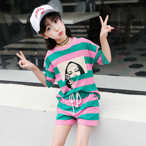Girls 2021 new summer cotton cotton suit childrens Han edition relaxed leisure stripes short - sleeve shorts two tides