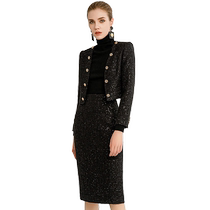 High-end black small fragrant style short coat and skirt two-piece autumn and winter professional suit temperament OL womens skirt