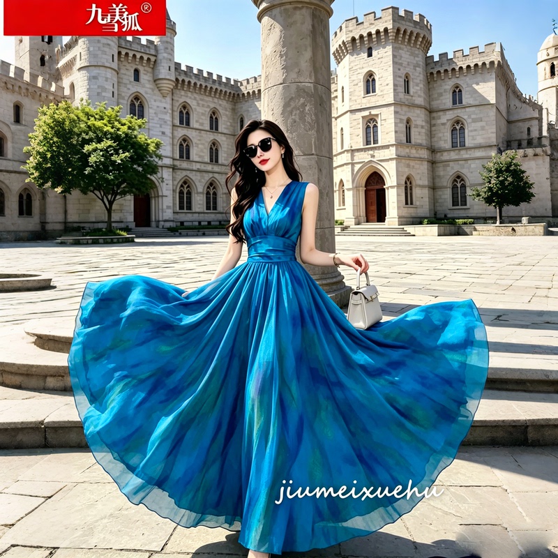 2026 New French Romantic Style Blue Dress for Women, Waist-Cinching, Slimming, Elegant, Extra-Long Dress, Vacation Style, Flared Skirt 2026 New French Romantic Style Blue Dress for Women, Waist-Cinching, Slimming, Elegant, Extra-Long Dress, Vacation Style, Flared Skirt