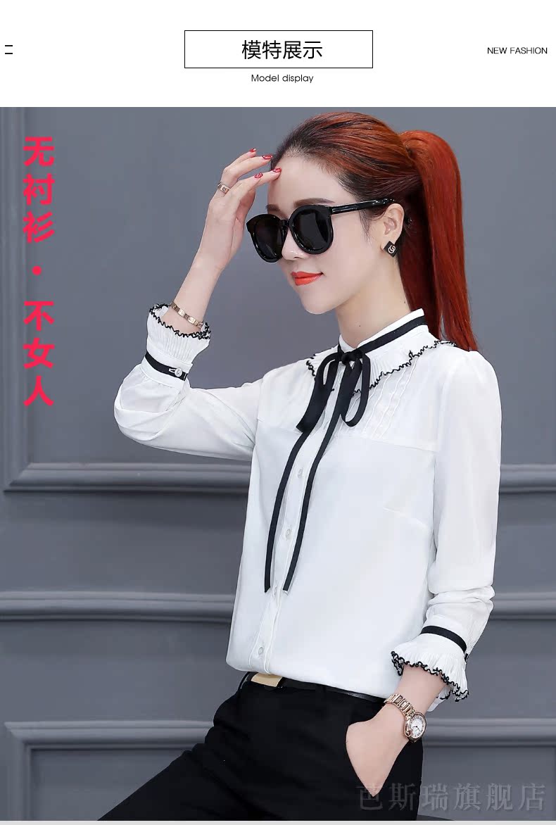 Áo dài tay đứng cổ áo sơ mi trắng nữ 2018 xuân mới ngọt ngào nơ voan siêu cổ tích với áo sơ mi khí chất áo voan hoa
