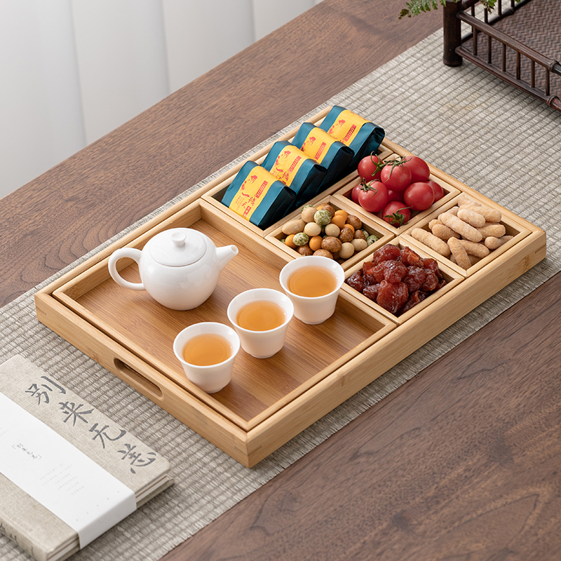 Nine-Compartment Fruit Box for Home Use in the Living Room Coffee Table, New Chinese-Style Snack Box, Fruit Plate, Bamboo Wooden Tea Cup Tray